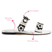 Load image into Gallery viewer, Larroudé x Gabriela Noelle: Blossom Flat Sandal In Silver Specchio and Black and White Acrylic