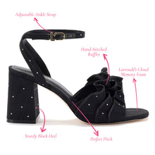 Load image into Gallery viewer, Selena Ruffle Sandal In Black Fabric and Crystals