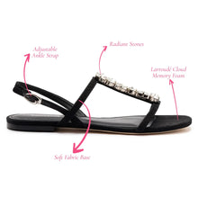 Load image into Gallery viewer, Calypso Flat Sandal In Black Fabric and Crystals