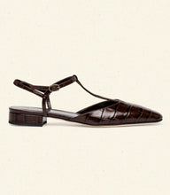 Load image into Gallery viewer, CRISTINA T-STRAP FLAT -- BROWN FAUX CROC