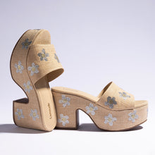 Load image into Gallery viewer, Miso Platform Sandal In Beige Raffia and Floral Crystals