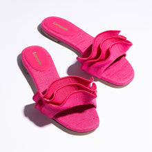 Load image into Gallery viewer, Ivy Ruffle Flat Mule In Pink Raffia