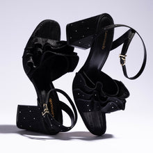 Load image into Gallery viewer, Selena Ruffle Sandal In Black Fabric and Crystals