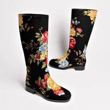 Load image into Gallery viewer, Larroudé x Markarian Flat Boot In Black Wool and Floral Embroidery