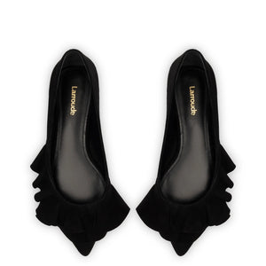 Lee Ruffle Flat In Black Suede