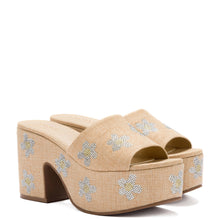 Load image into Gallery viewer, Miso Platform Sandal In Beige Raffia and Floral Crystals