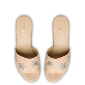 Miso Platform Sandal In Beige Raffia and Floral Crystals