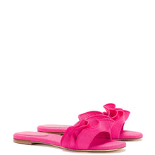 Load image into Gallery viewer, Ivy Ruffle Flat Mule In Pink Raffia