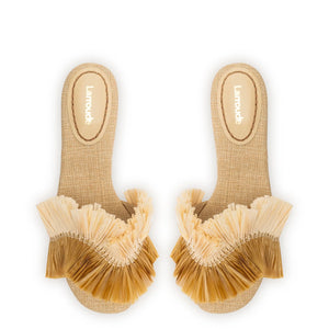 Ivy Fringe Flat In Beige Raffia