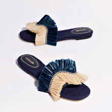 Load image into Gallery viewer, Ivy Fringe Flat In Navy Raffia