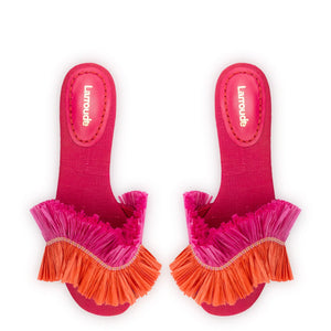 Ivy Fringe Flat In Pink and Orange Raffia