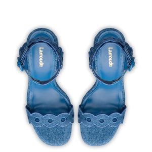 Dolly Broderie Sandal In Blue Stoned Denim