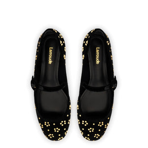 Blair Ballet Flat In Black Velvet and Gold Studs