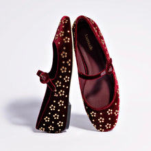 Load image into Gallery viewer, Blair Ballet Flat In Wine Velvet and Gold Studs