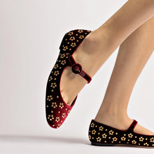 Load image into Gallery viewer, Blair Ballet Flat In Wine Velvet and Gold Studs