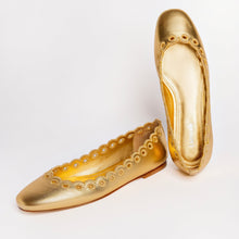 Load image into Gallery viewer, Meghan Broderie Flat In Gold Metallic Leather