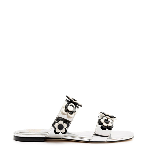 Larroudé x Gabriela Noelle: Blossom Flat Sandal In Silver Specchio and Black and White Acrylic