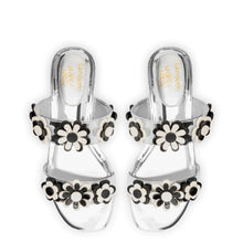 Load image into Gallery viewer, Larroudé x Gabriela Noelle: Blossom Flat Sandal In Silver Specchio and Black and White Acrylic