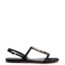 Load image into Gallery viewer, Calypso Flat Sandal In Black Fabric and Crystals