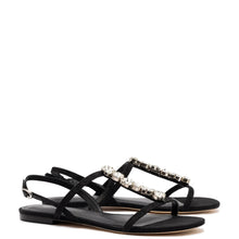 Load image into Gallery viewer, Calypso Flat Sandal In Black Fabric and Crystals