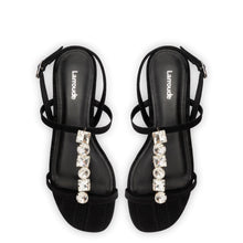 Load image into Gallery viewer, Calypso Flat Sandal In Black Fabric and Crystals