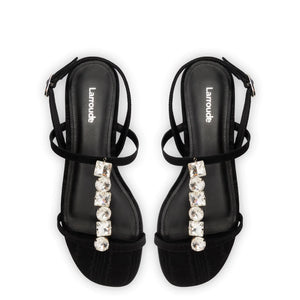 Calypso Flat Sandal In Black Fabric and Crystals