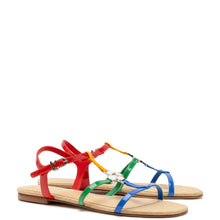 Load image into Gallery viewer, Hana Flat Sandal In Multicolor Patent Leather and Raffia