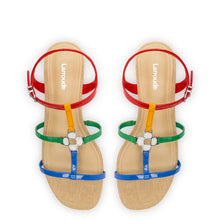 Load image into Gallery viewer, Hana Flat Sandal In Multicolor Patent Leather and Raffia