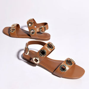 Milan Flat Sandal In Caramel Leather