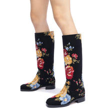 Load image into Gallery viewer, Larroudé x Markarian Flat Boot In Black Wool and Floral Embroidery