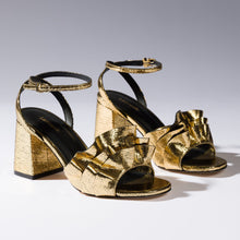 Load image into Gallery viewer, Selena Ruffle Sandal In Gold Cracked Metallic Leather