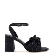 Load image into Gallery viewer, Selena Ruffle Sandal In Black Fabric and Crystals