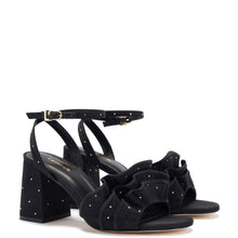 Load image into Gallery viewer, Selena Ruffle Sandal In Black Fabric and Crystals