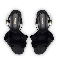 Load image into Gallery viewer, Selena Ruffle Sandal In Black Fabric and Crystals