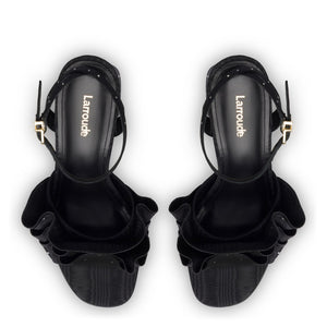 Selena Ruffle Sandal In Black Fabric and Crystals