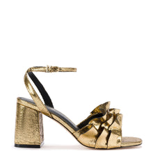 Load image into Gallery viewer, Selena Ruffle Sandal In Gold Cracked Metallic Leather