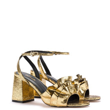 Load image into Gallery viewer, Selena Ruffle Sandal In Gold Cracked Metallic Leather