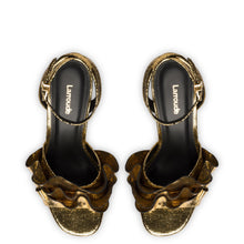 Load image into Gallery viewer, Selena Ruffle Sandal In Gold Cracked Metallic Leather