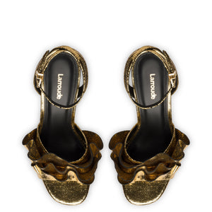 Selena Ruffle Sandal In Gold Cracked Metallic Leather