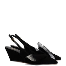 Load image into Gallery viewer, Loulou Ruffle Pump In Black Suede and Crystals