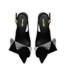 Load image into Gallery viewer, Loulou Ruffle Pump In Black Suede and Crystals