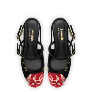 Larroudé x Markarian Pump In Black Wool and Floral Embroidery