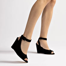 Load image into Gallery viewer, Deena By Larroudé Wedge Sandal In Black Suede