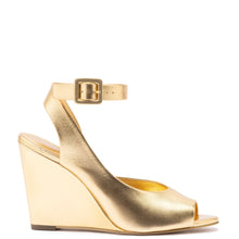 Load image into Gallery viewer, Deena By Larroudé Wedge Sandal In Gold Metallic Leather