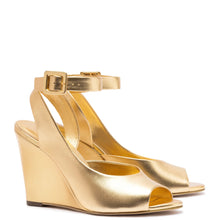 Load image into Gallery viewer, Deena By Larroudé Wedge Sandal In Gold Metallic Leather