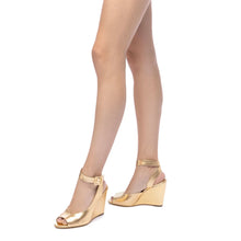 Load image into Gallery viewer, Deena By Larroudé Wedge Sandal In Gold Metallic Leather