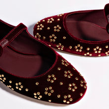 Load image into Gallery viewer, Blair Ballet Flat In Wine Velvet and Gold Studs