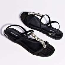 Load image into Gallery viewer, Calypso Flat Sandal In Black Fabric and Crystals