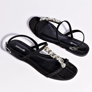 Calypso Flat Sandal In Black Fabric and Crystals