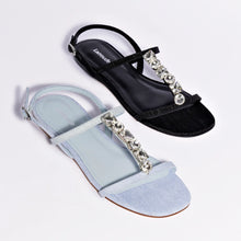 Load image into Gallery viewer, Calypso Flat Sandal In Maya Denim and Crystals